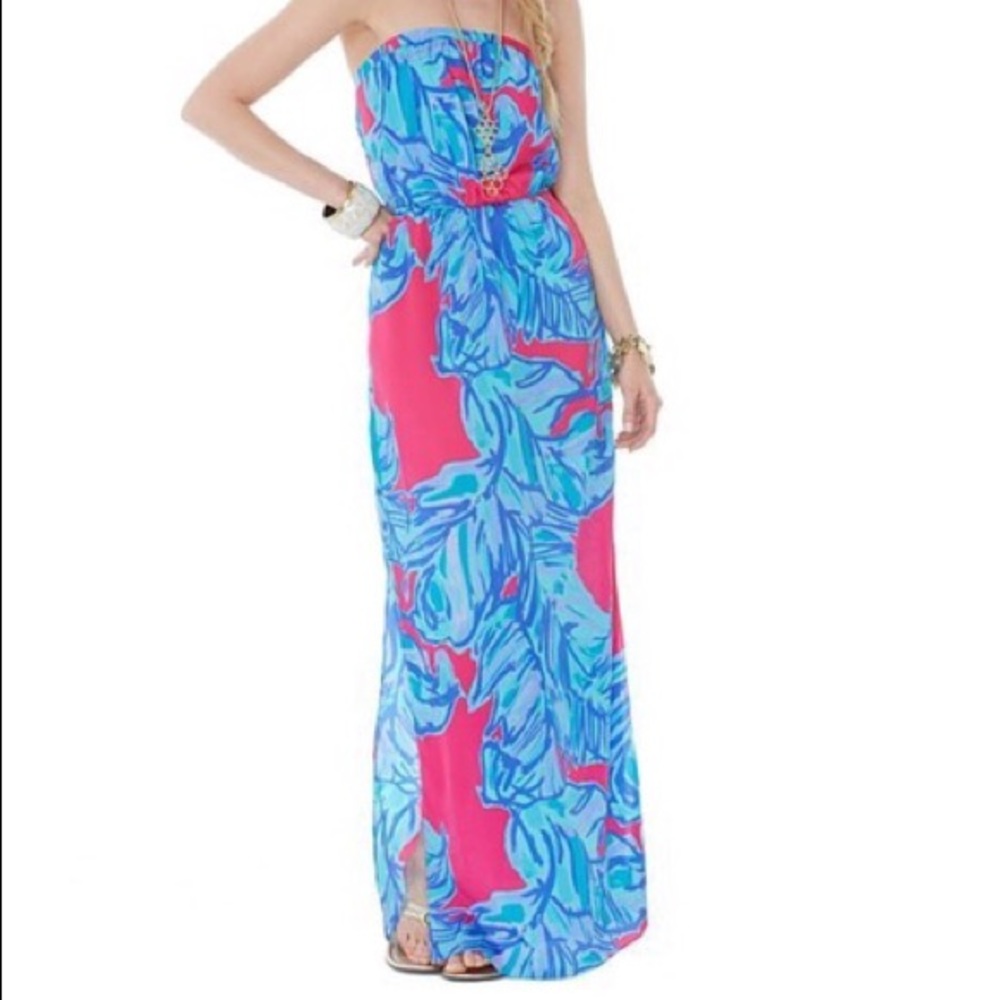 Lilly Pulitzer Strapless Tropical Print Maxi Dress in Pink and Blue